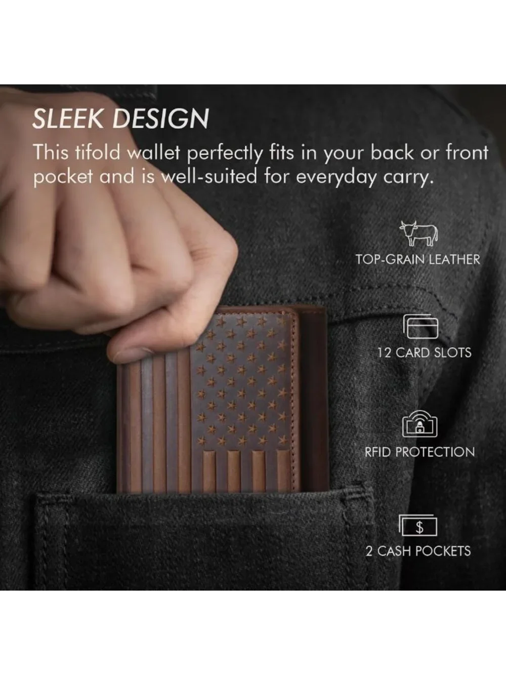 Men's Trifold Leather Wallet - RFID Blocking, 12 Card Slots, Dark Brown, Gift